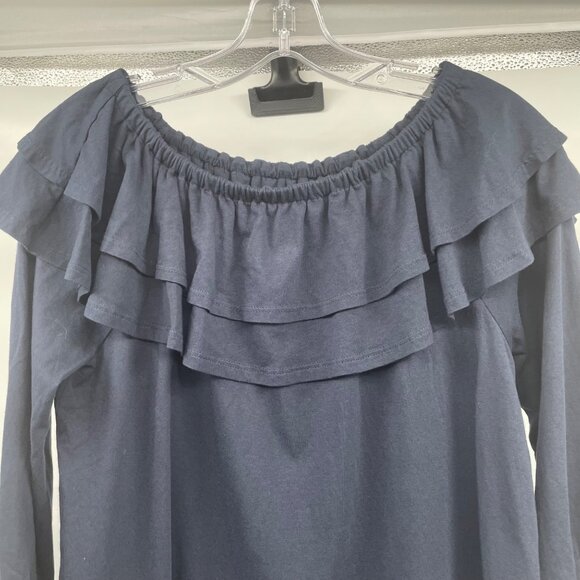 J.Jill Womens Off Shoulder Ruffle Blouse 3/4 Sleeve Navy Size Small Petite - Picture 2 of 9